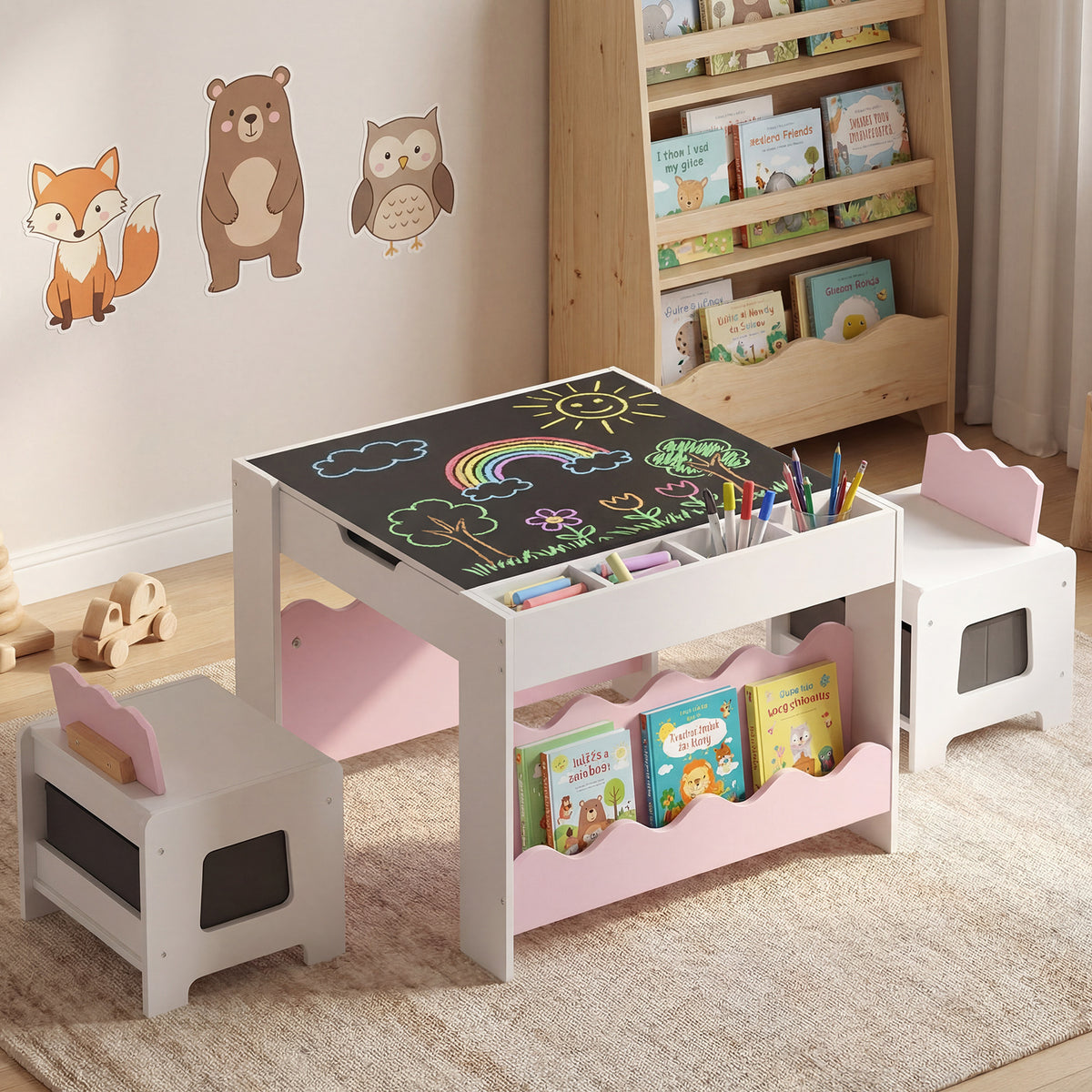 Wooden Kids Table and Chairs Set with Double-sided Tabletop and Small Compartments-Pink