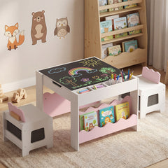 Wooden Kids Table and Chairs Set with Double-sided Tabletop and Small Compartments-Pink