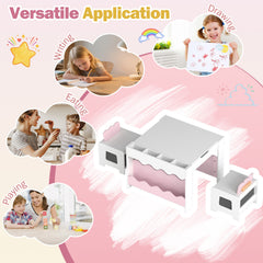 Wooden Kids Table and Chairs Set with Double-sided Tabletop and Small Compartments-Pink