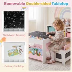 Wooden Kids Table and Chairs Set with Double-sided Tabletop and Small Compartments-Pink