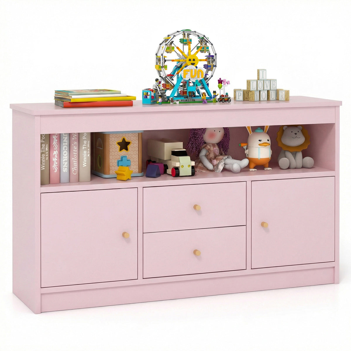 Wooden Kids Toy Children Bookshelf Storage Chest with Open Shelf-Pink