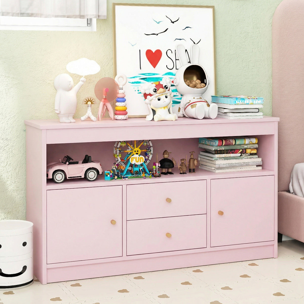 Wooden Kids Toy Children Bookshelf Storage Chest with Open Shelf-Pink