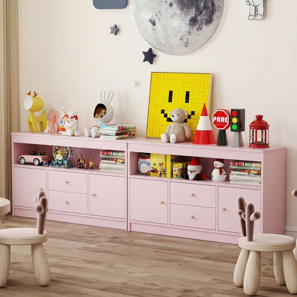 Wooden Kids Toy Children Bookshelf Storage Chest with Open Shelf-Pink