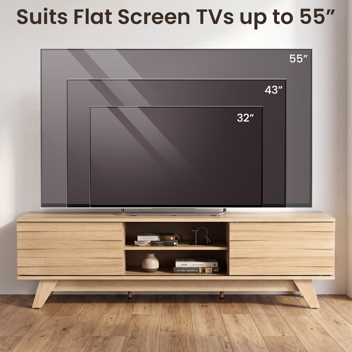 Wooden Media Console with 2 Sliding Doors for TVs-Natural