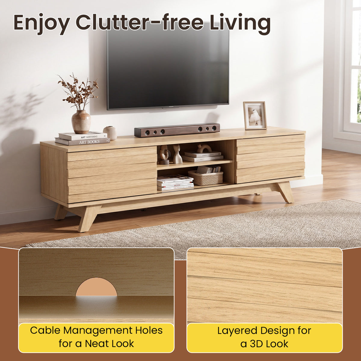Wooden Media Console with 2 Sliding Doors for TVs-Natural