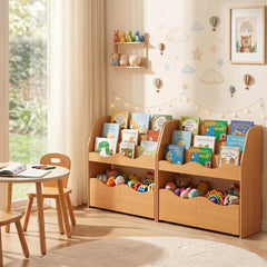 Wooden Montessori Bookshelf with 2 Rolling Drawers for Kids Room and Nursery-Natural