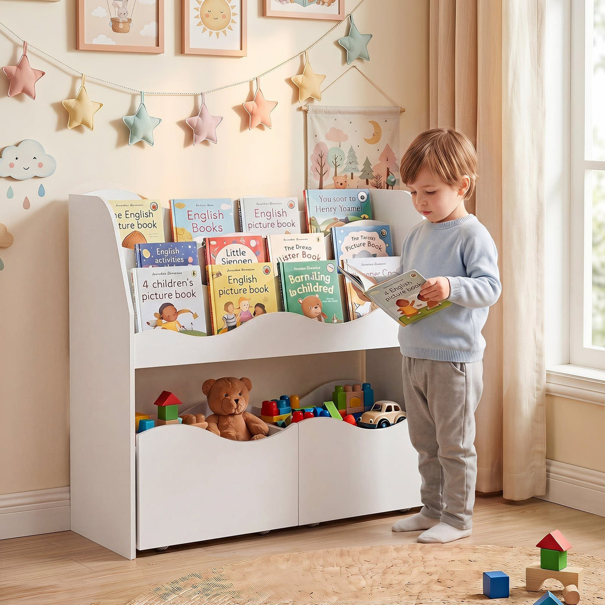 Wooden Montessori Bookshelf with 2 Rolling Drawers for Kids Room and Nursery-White