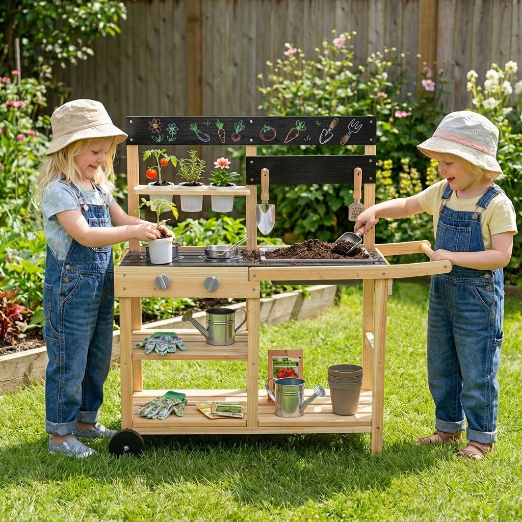 Wooden Mud Kitchen with Sink Chalkboard and Wheels and Storage for Ages 3+-Natural