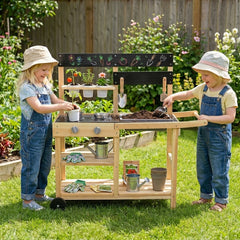 Wooden Mud Kitchen with Sink Chalkboard and Wheels and Storage for Ages 3+-Natural