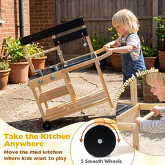 Wooden Mud Kitchen with Sink Chalkboard and Wheels and Storage for Ages 3+-Natural