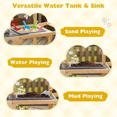 Wooden Mud Kitchen with Sink Chalkboard and Wheels and Storage for Ages 3+-Natural