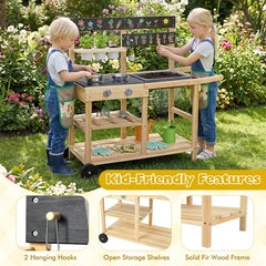 Wooden Mud Kitchen with Sink Chalkboard and Wheels and Storage for Ages 3+-Natural