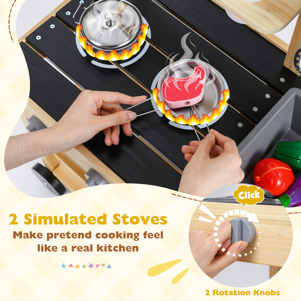 Wooden Mud Kitchen with Sink Chalkboard and Wheels and Storage for Ages 3+-Natural