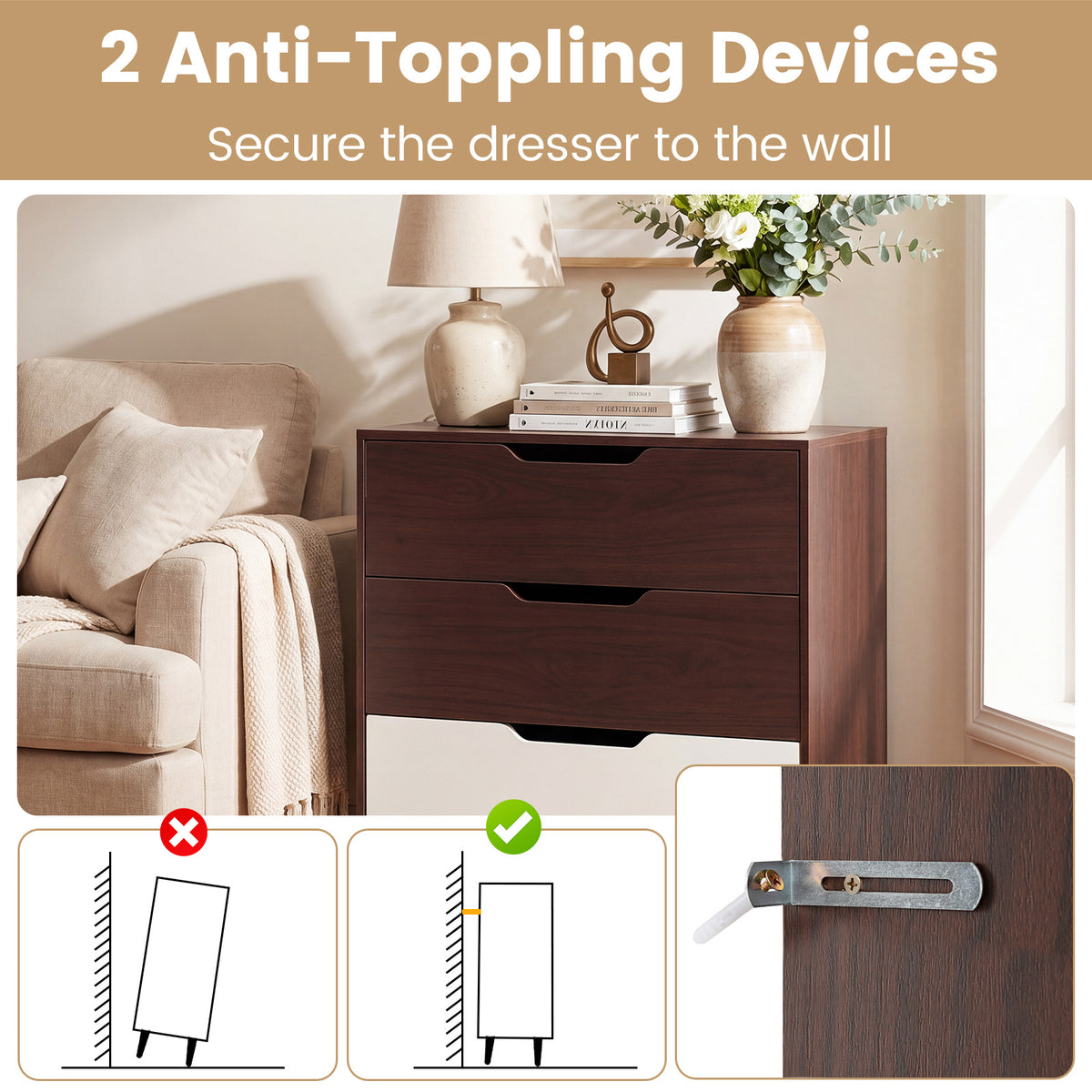 Wooden Nightstand with Anti Tipping Kits and Tall Storage for Living Room-Brown