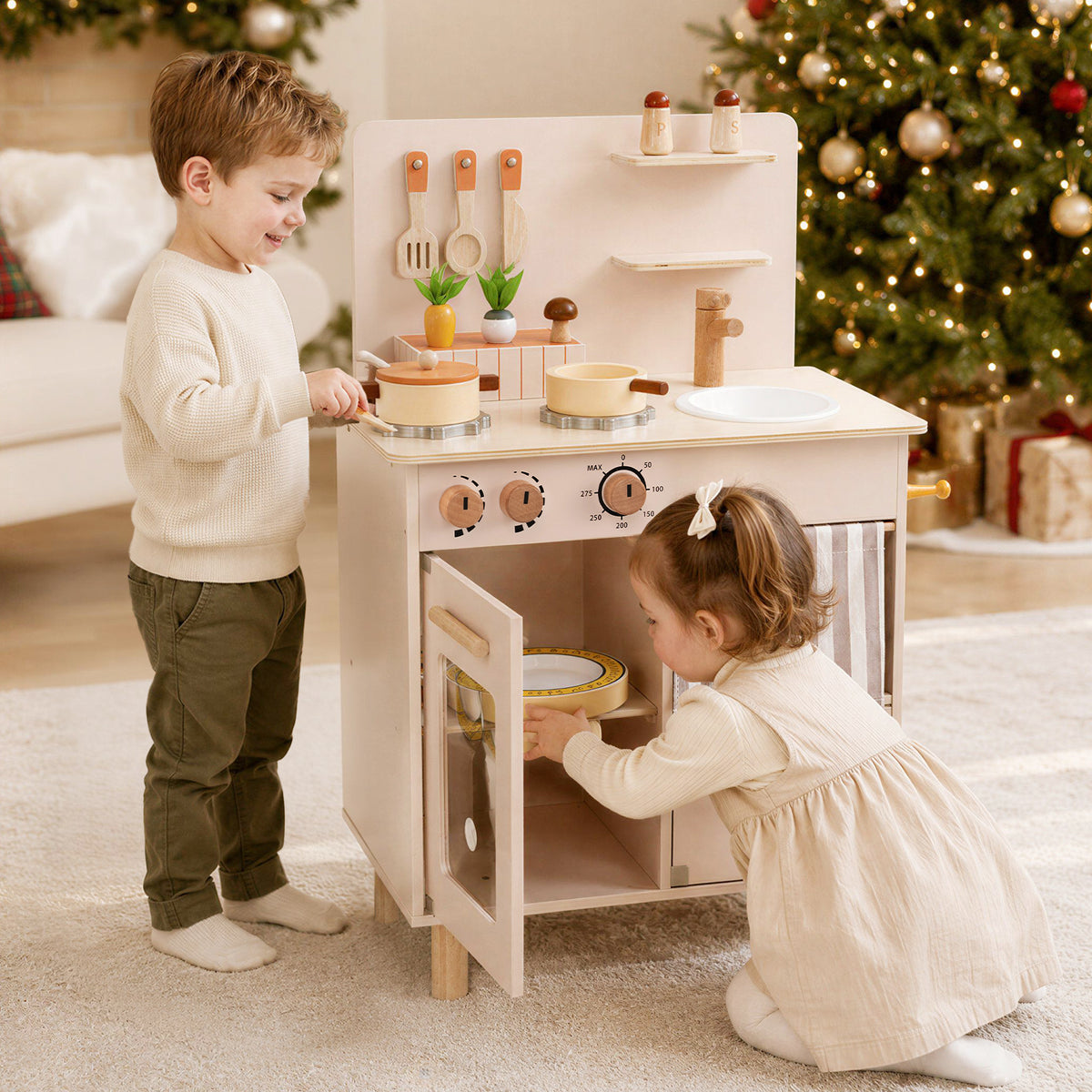 Wooden Play Kitchen Role-Play Gift for Girls and Boys Ages 3+-Beige