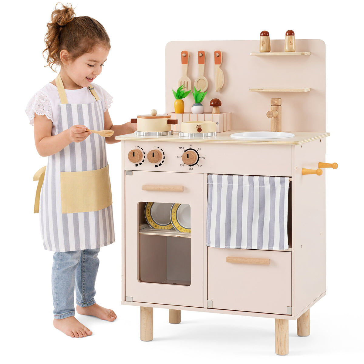Wooden Play Kitchen Role-Play Gift for Girls and Boys Ages 3+-Beige