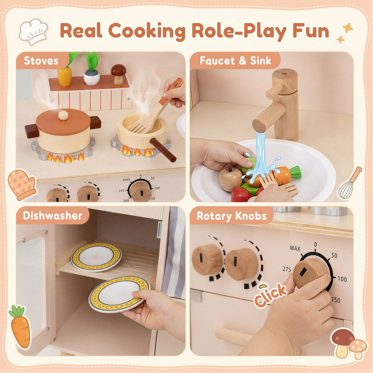 Wooden Play Kitchen Role-Play Gift for Girls and Boys Ages 3+-Beige