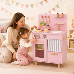 Wooden Play Kitchen Role-Play Gift for Girls and Boys Ages 3+-Pink