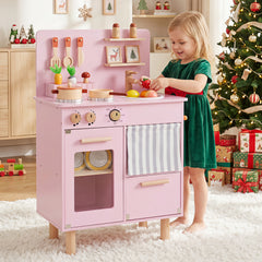 Wooden Play Kitchen Role-Play Gift for Girls and Boys Ages 3+-Pink