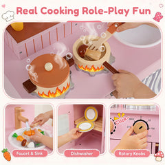 Wooden Play Kitchen Role-Play Gift for Girls and Boys Ages 3+-Pink