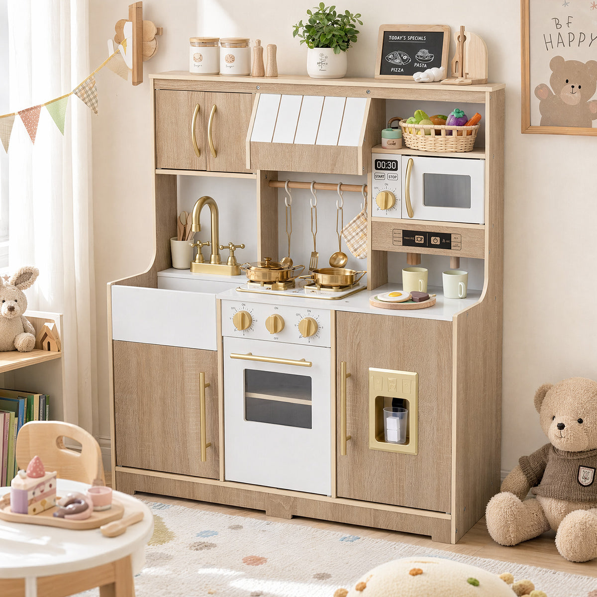 Wooden Play Kitchen for Kids Toddlers with Realistic Lights & Sounds Storage-Natural