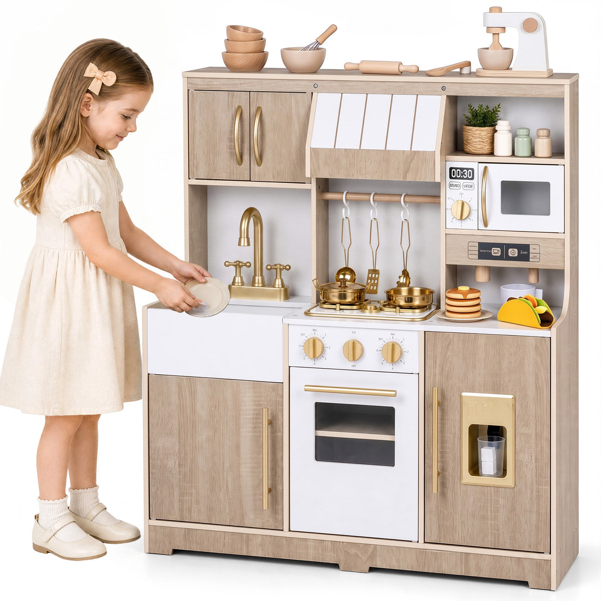 Wooden Play Kitchen for Kids Toddlers with Realistic Lights & Sounds Storage-Natural