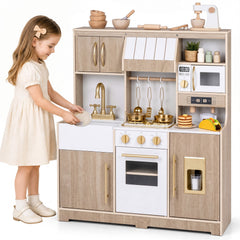 Wooden Play Kitchen for Kids Toddlers with Realistic Lights & Sounds Storage-Natural