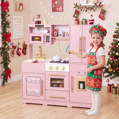 Wooden Play Kitchen for Kids with Realistic Lights and Sounds Ice Maker for Boys Girls Ages 3+-Pink