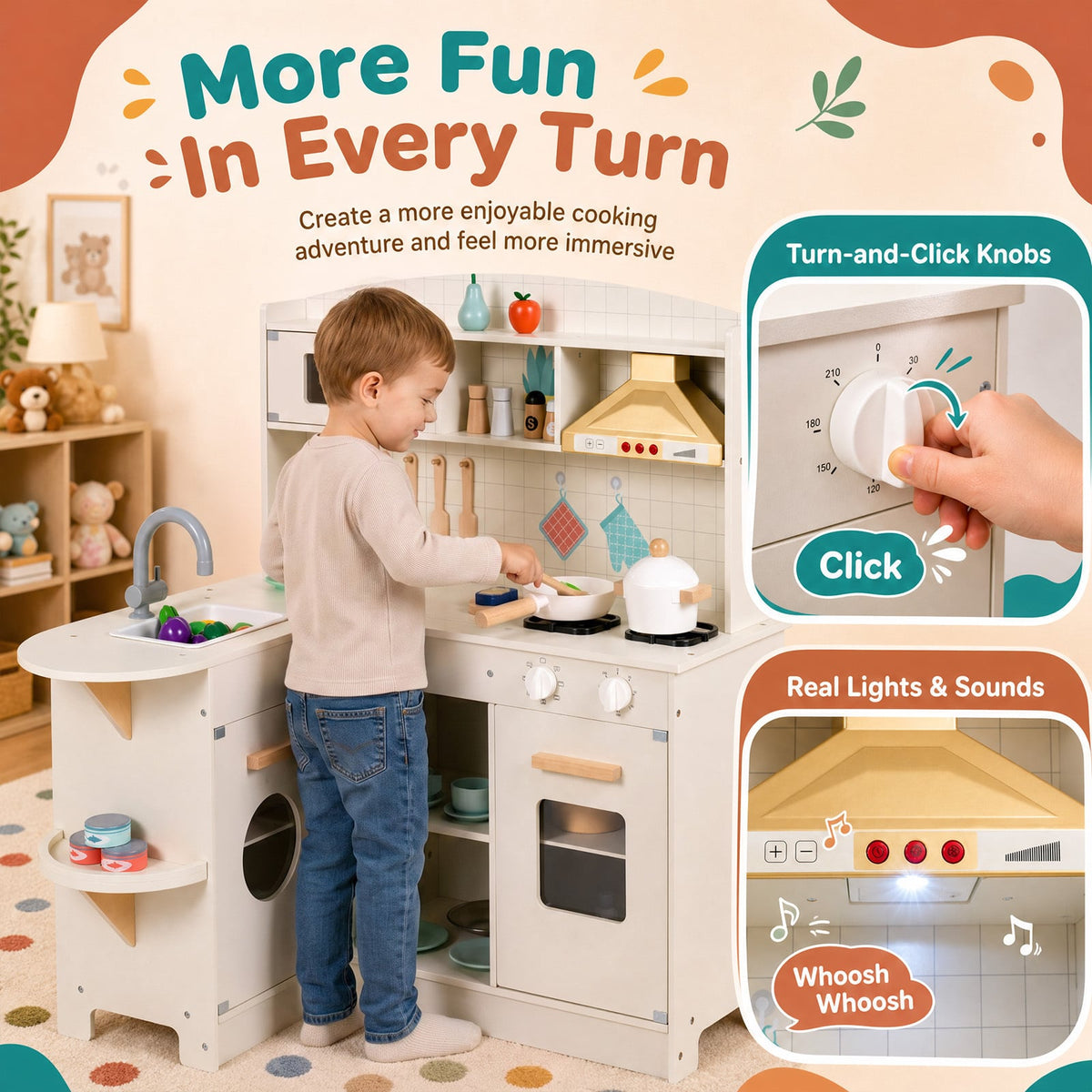 Wooden Play Kitchen with Lights and Sounds for Toddlers Ages 3+-White