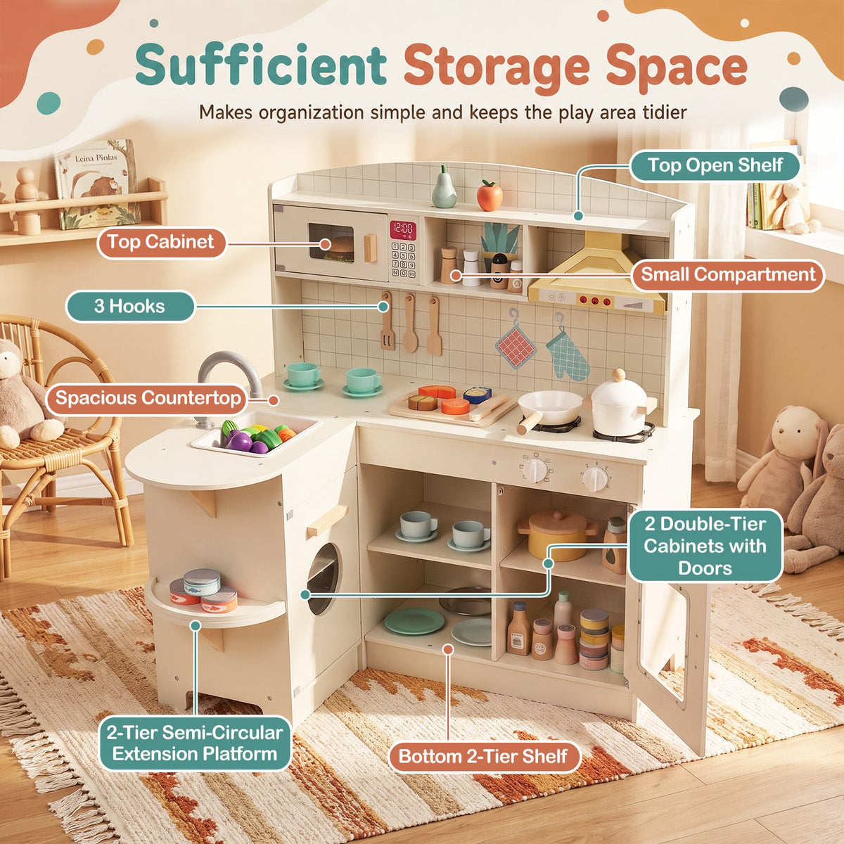 Wooden Play Kitchen with Lights and Sounds for Toddlers Ages 3+-White