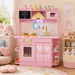 Wooden Play Kitchen with Real Lights Sounds and Storage for Kids Toddlers-Pink