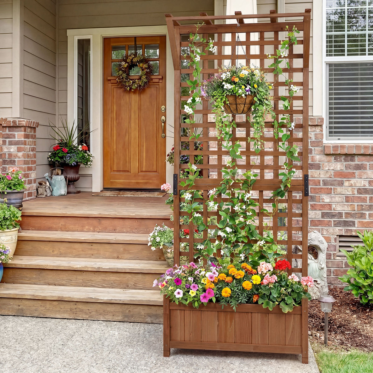 Wooden Raised Garden Bed with Hanging Roof and Trellis for Climbing Plants-Brown