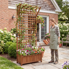 Wooden Raised Garden Bed with Hanging Roof and Trellis for Climbing Plants-Brown