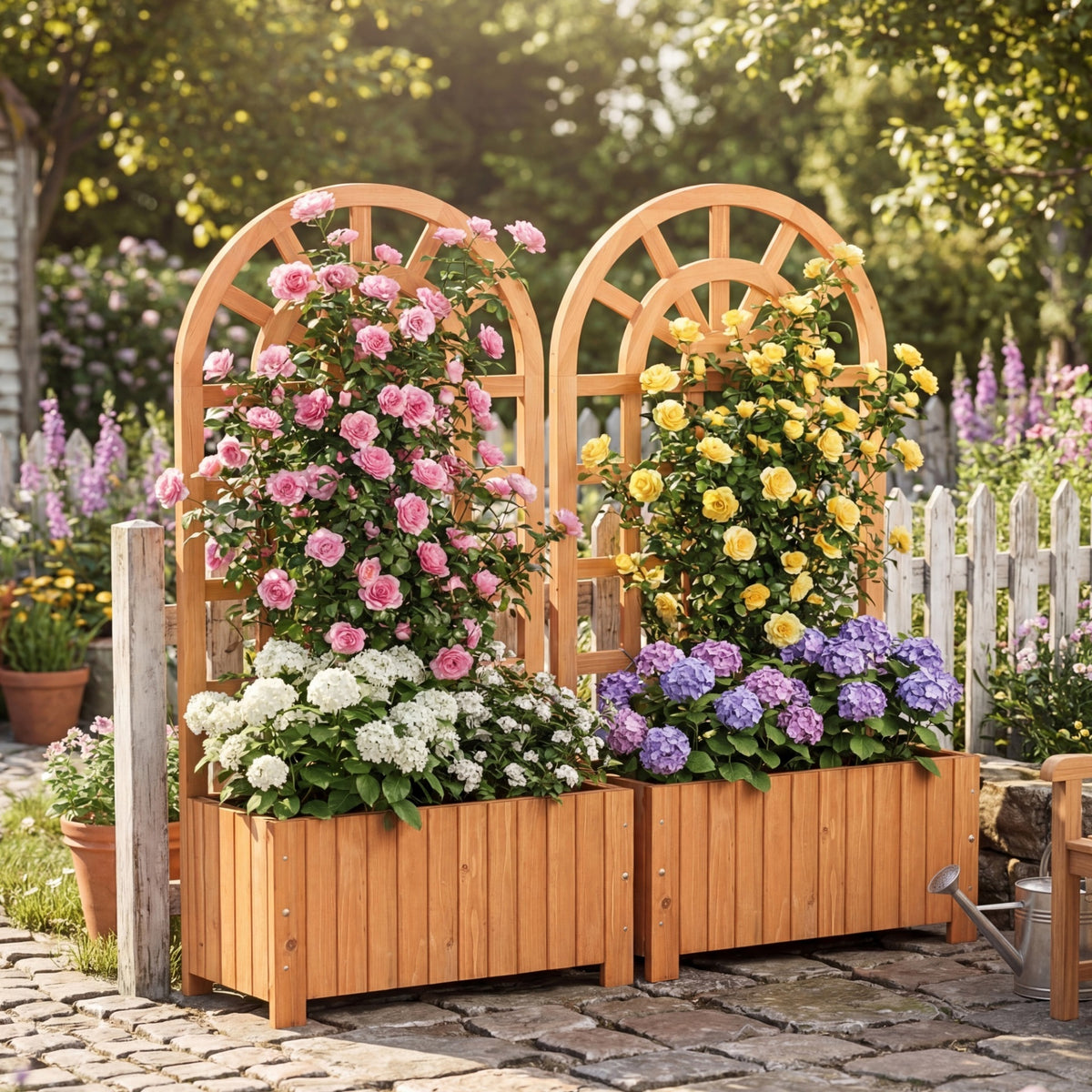 Wooden Raised Garden Bed with Trellis 121cm Outdoor Planter Box Privacy Screen-Brown