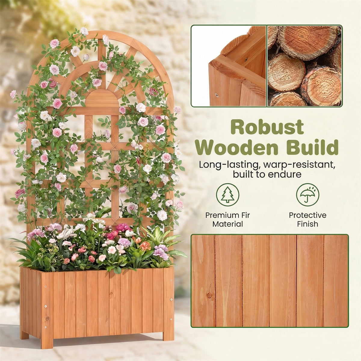 Wooden Raised Garden Bed with Trellis 121cm Outdoor Planter Box Privacy Screen-Brown