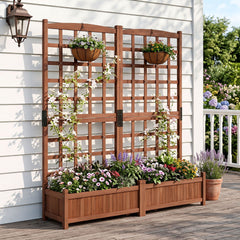 Wooden Raised Garden Bed with Trellis Dual Large Planter Boxes for Climbing Plants-Rustic Brown