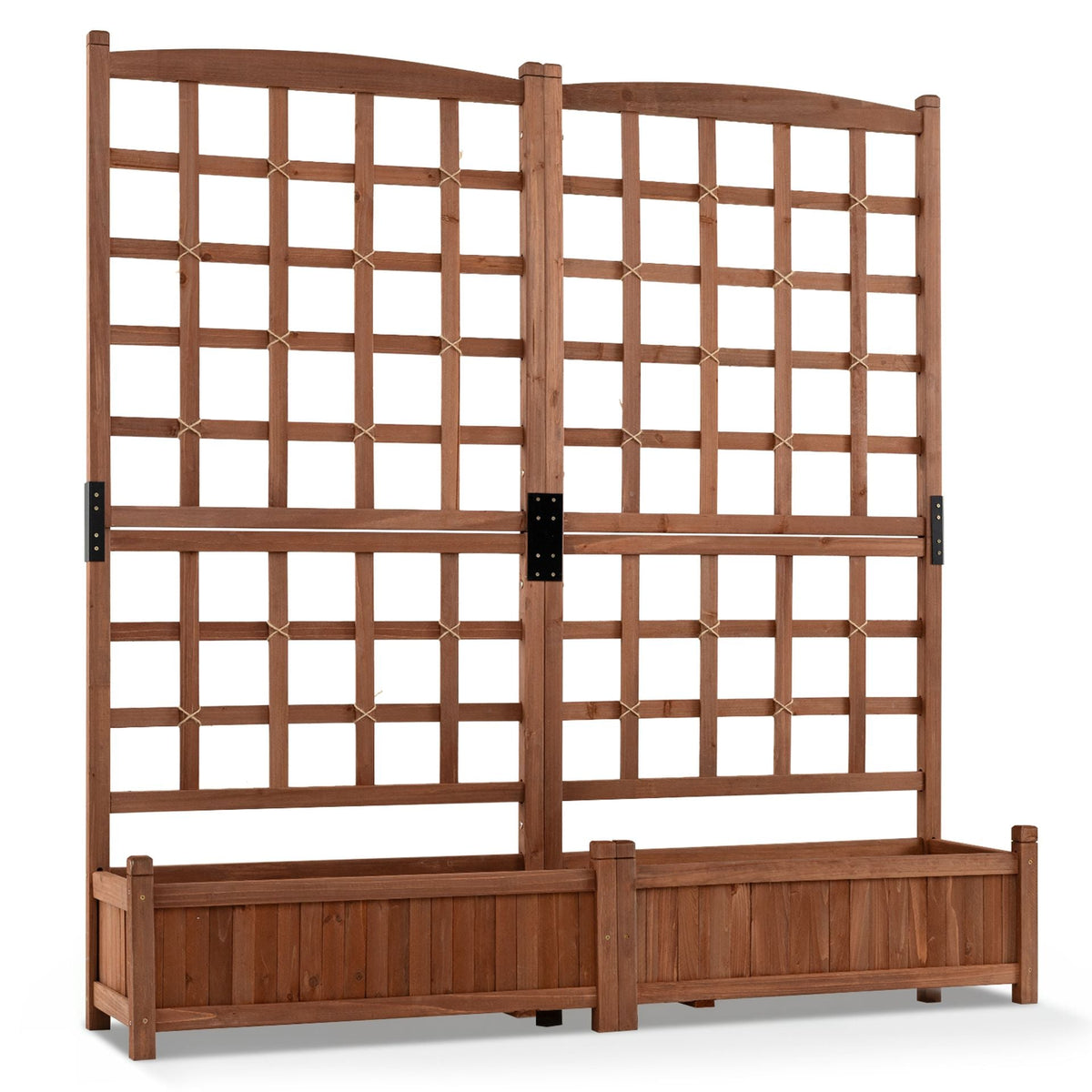 Wooden Raised Garden Bed with Trellis Dual Large Planter Boxes for Climbing Plants-Rustic Brown