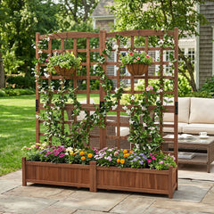 Wooden Raised Garden Bed with Trellis Dual Large Planter Boxes for Climbing Plants-Rustic Brown