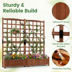 Wooden Raised Garden Bed with Trellis Dual Large Planter Boxes for Climbing Plants-Rustic Brown
