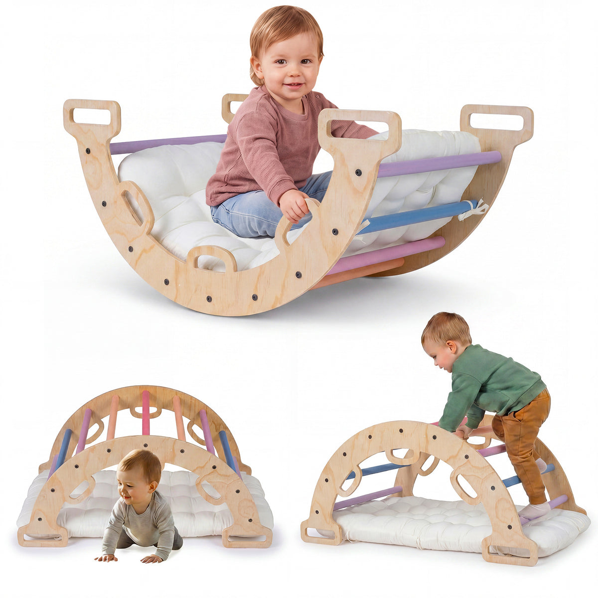 Wooden Rocking Climbing Arch with Cushion 3-in-1 Montessori Kids Climber Rocker-Colorful