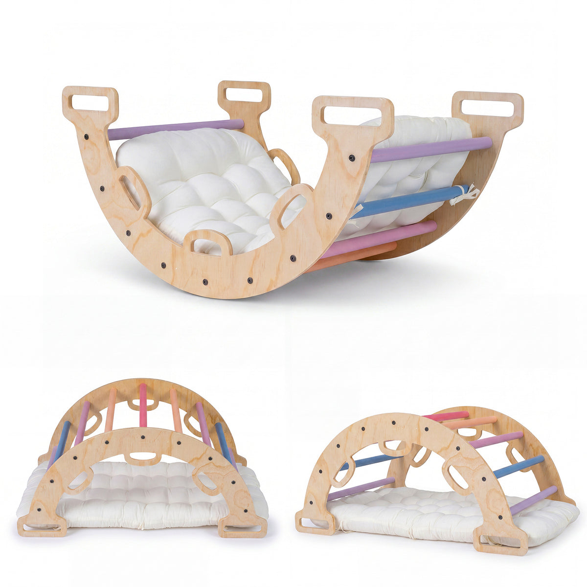 Wooden Rocking Climbing Arch with Cushion 3-in-1 Montessori Kids Climber Rocker-Colorful