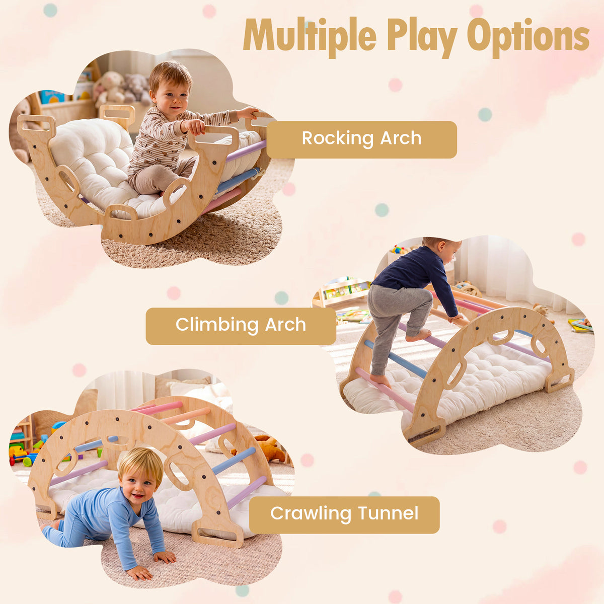 Wooden Rocking Climbing Arch with Cushion 3-in-1 Montessori Kids Climber Rocker-Colorful