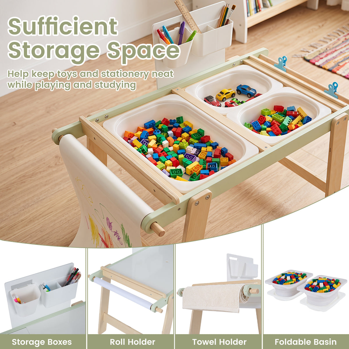 Wooden Sensory Table for Toddlers with Double-Sided Board for Kids-Green