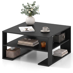 Wooden Square Coffee Table with Storage and Open Shelf for Living Room-Black