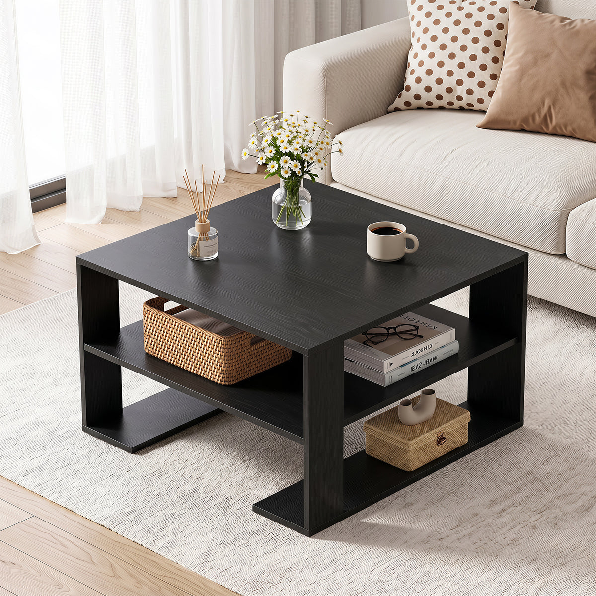 Wooden Square Coffee Table with Storage and Open Shelf for Living Room-Black