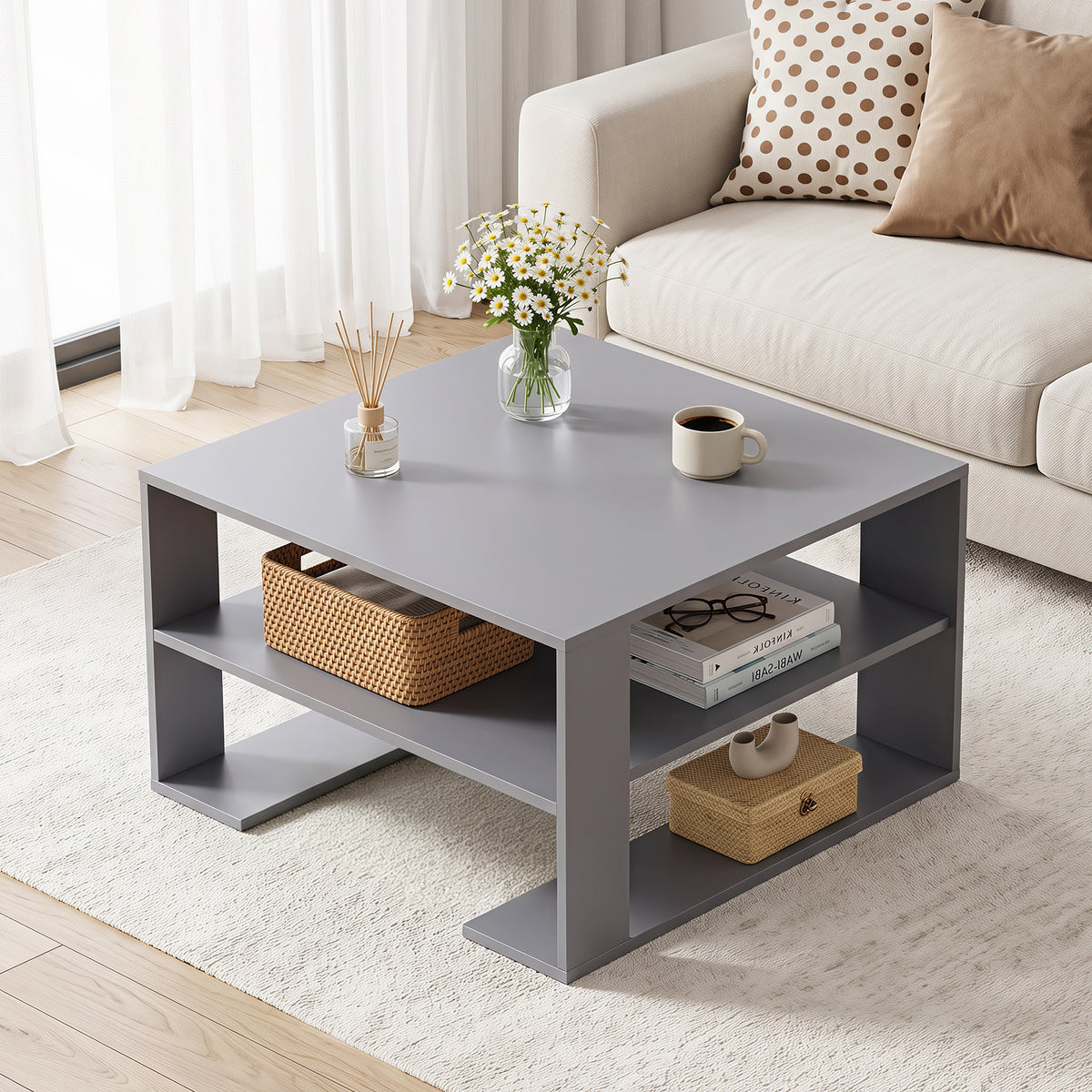 Wooden Square Coffee Table with Storage and Open Shelf for Living Room-Grey