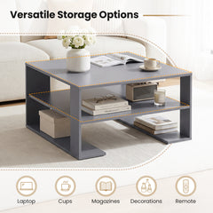 Wooden Square Coffee Table with Storage and Open Shelf for Living Room-Grey