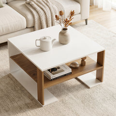 Wooden Square Coffee Table with Storage and Open Shelf for Living Room-White