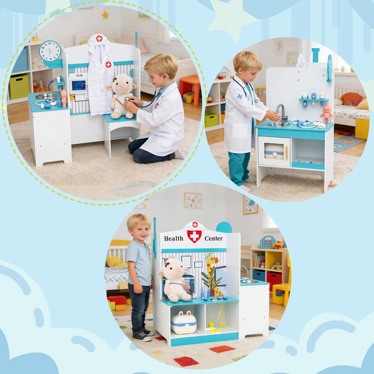 Wooden Toy Medical Center Playset with Faucet and ECG Monitor for Aged 3-6-Blue