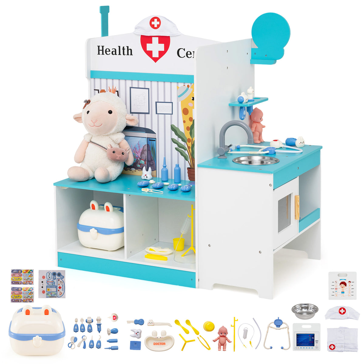 Wooden Toy Medical Center Playset with Faucet and ECG Monitor for Aged 3-6-Blue